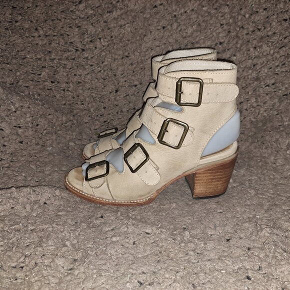 FREEBIRD BY STEVEN-Quail-Beige Leather Sandals Gladiator Wood Heel-Sz6-Excellent - Picture 2 of 9